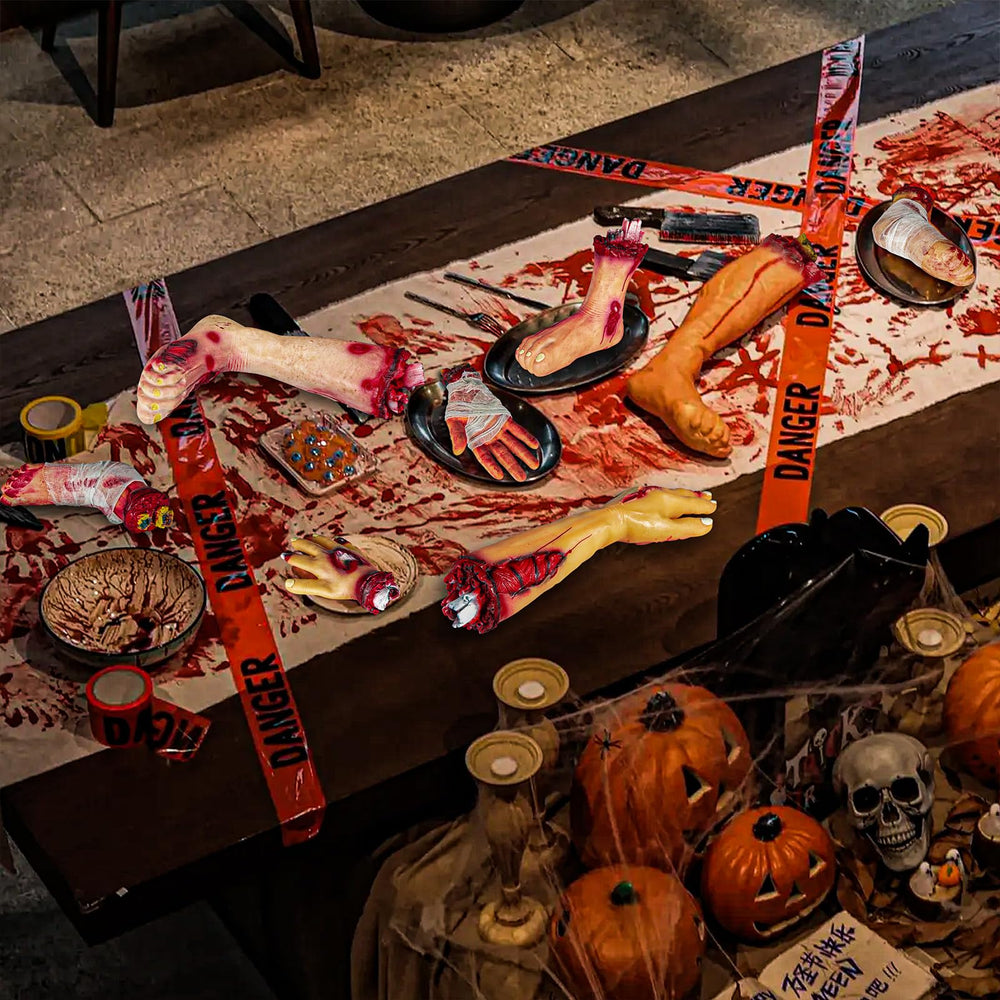 Pipilily broken leg on porch creating lifelike outdoor haunted display