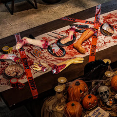 Pipilily broken leg on porch creating lifelike outdoor haunted display