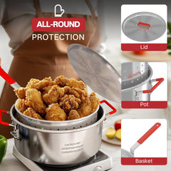 Pipopa dial thermometer in lid showing real-time oil temperature for controlled frying
