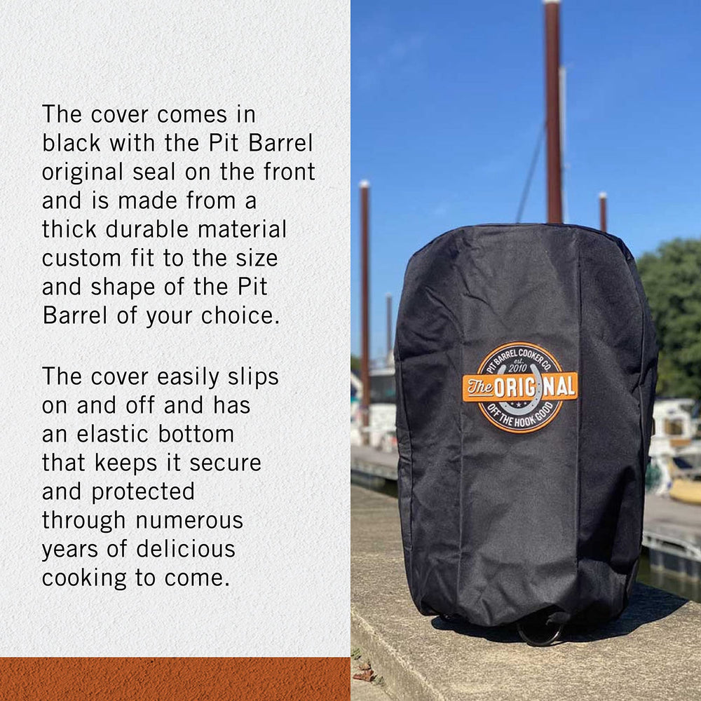 Pit Barrel Cooker Co. cover in use on deck keeps cooker clean and dry
