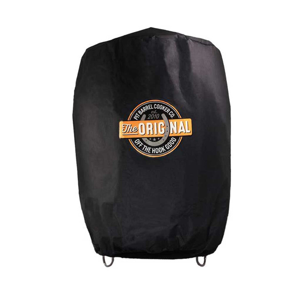 Pit Barrel cover front view showing logo and a protective fit benefit