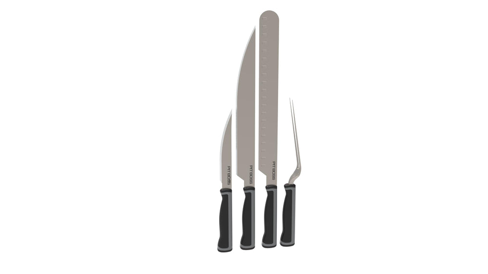 PIT BOSS 4-piece set front view showing all knives and carving fork for complete prep