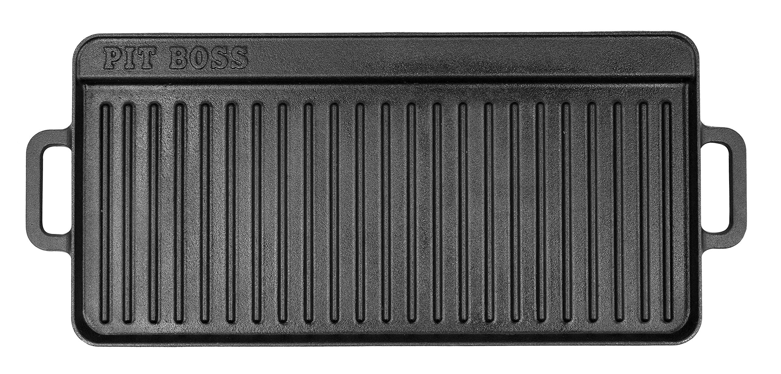 Pit Boss front view of griddle showing pre-seasoned surface and handles for durable cooking