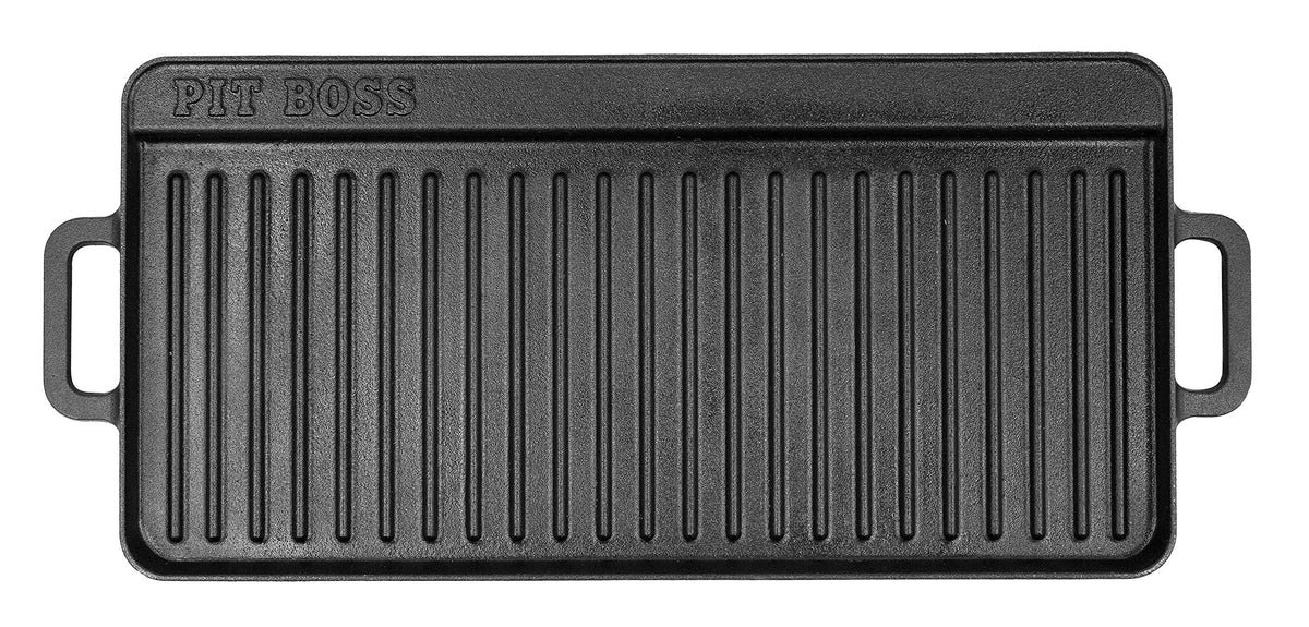 Pit Boss front view of griddle showing pre-seasoned surface and handles for durable cooking