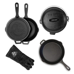 Pit Boss front view of six-piece cast iron kit showing all contents and benefits