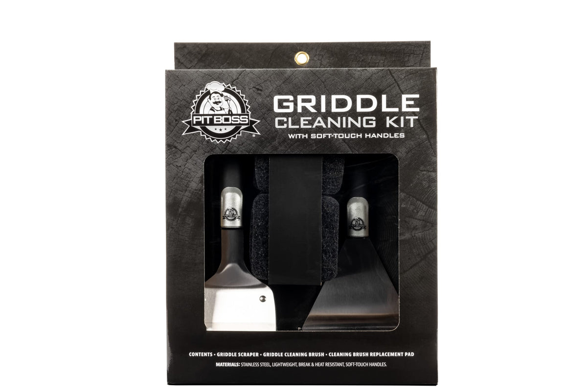 Pit Boss front view of stainless steel griddle cleaning kit with tools and pads for quick cleanup
