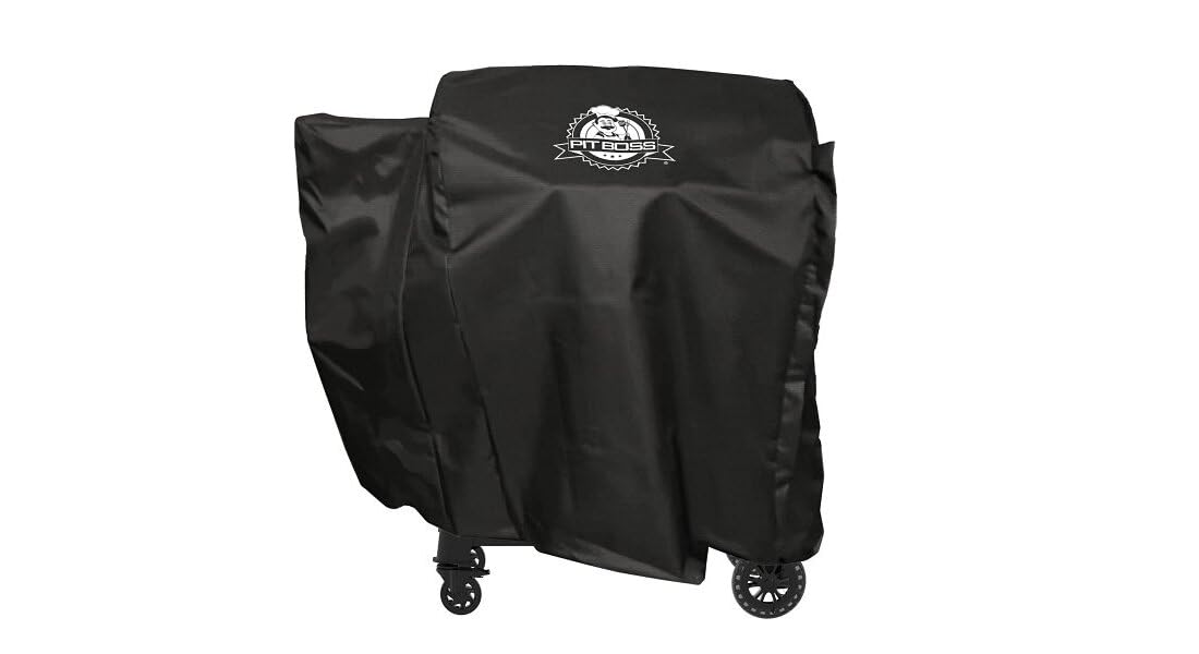 Pit Boss front view of cover on 850 series grill showing full-length protection and fit