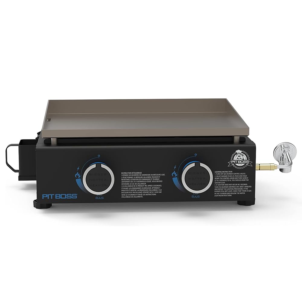 Pit Boss front view showing compact tabletop griddle and cooking area for easy travel