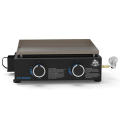 Pit Boss front view showing compact tabletop griddle and cooking area for easy travel