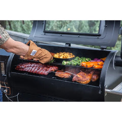 Pit Boss leather and canvas close-up highlighting durable materials and heat protection