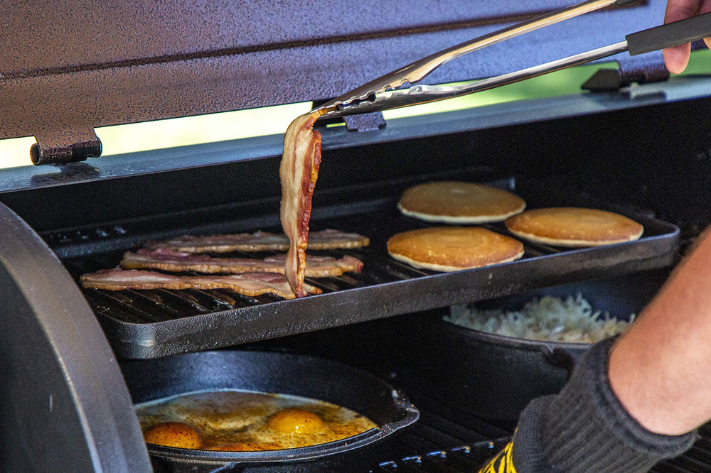 Pit Boss griddle on gas stovetop demonstrating even heat distribution and versatility