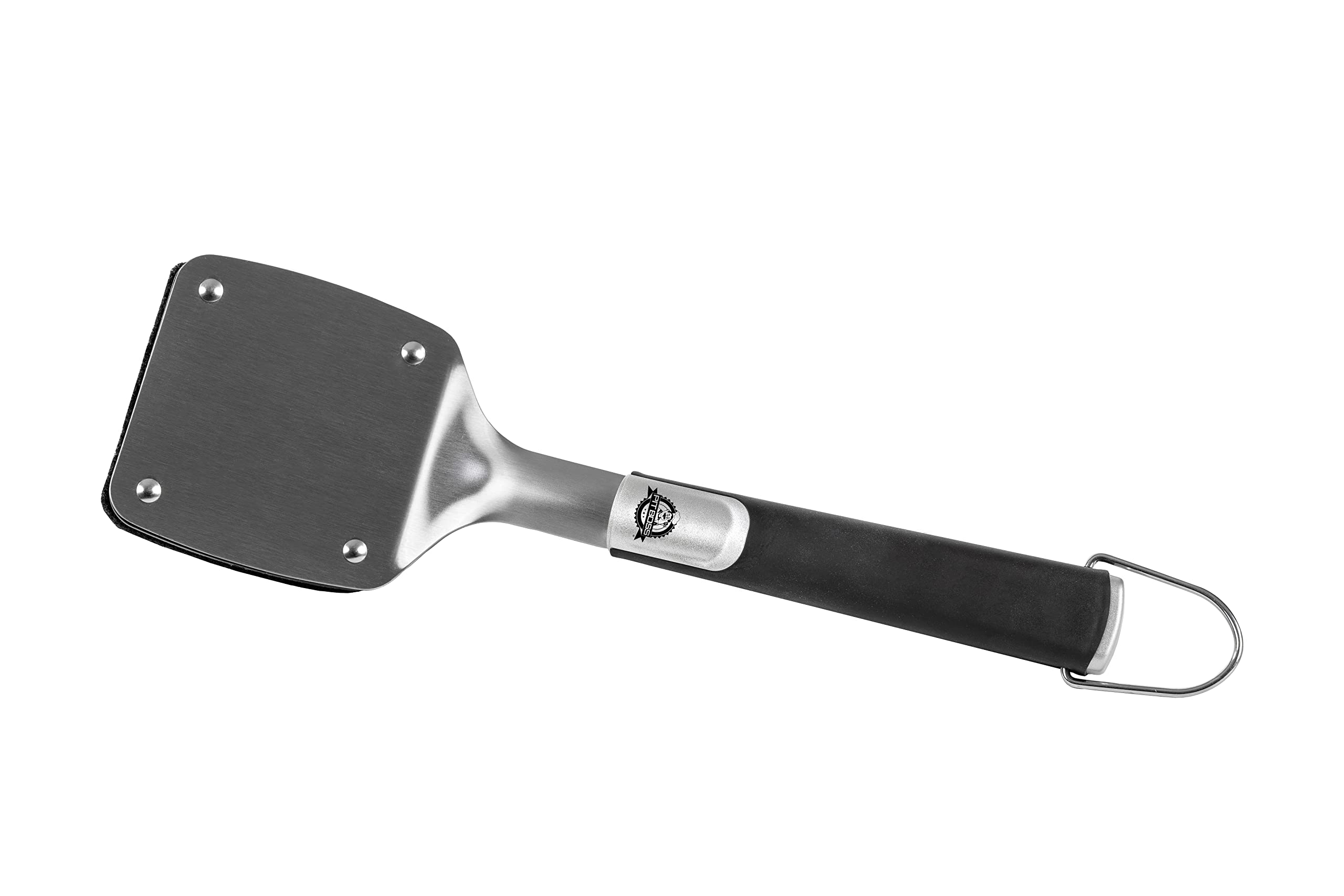 Pit Boss scraper edge detail showing heavy-duty stainless blade for scraping stuck-on residue cleanly