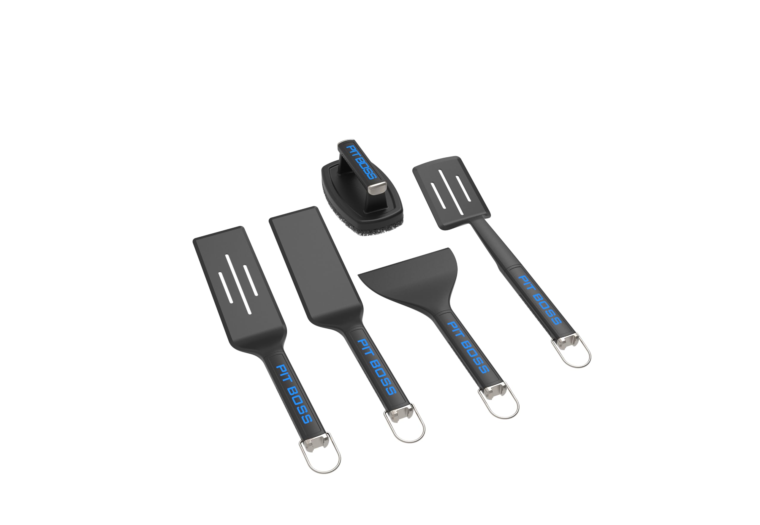 Pit Boss front view of 5-piece griddle kit showing all tools and benefits