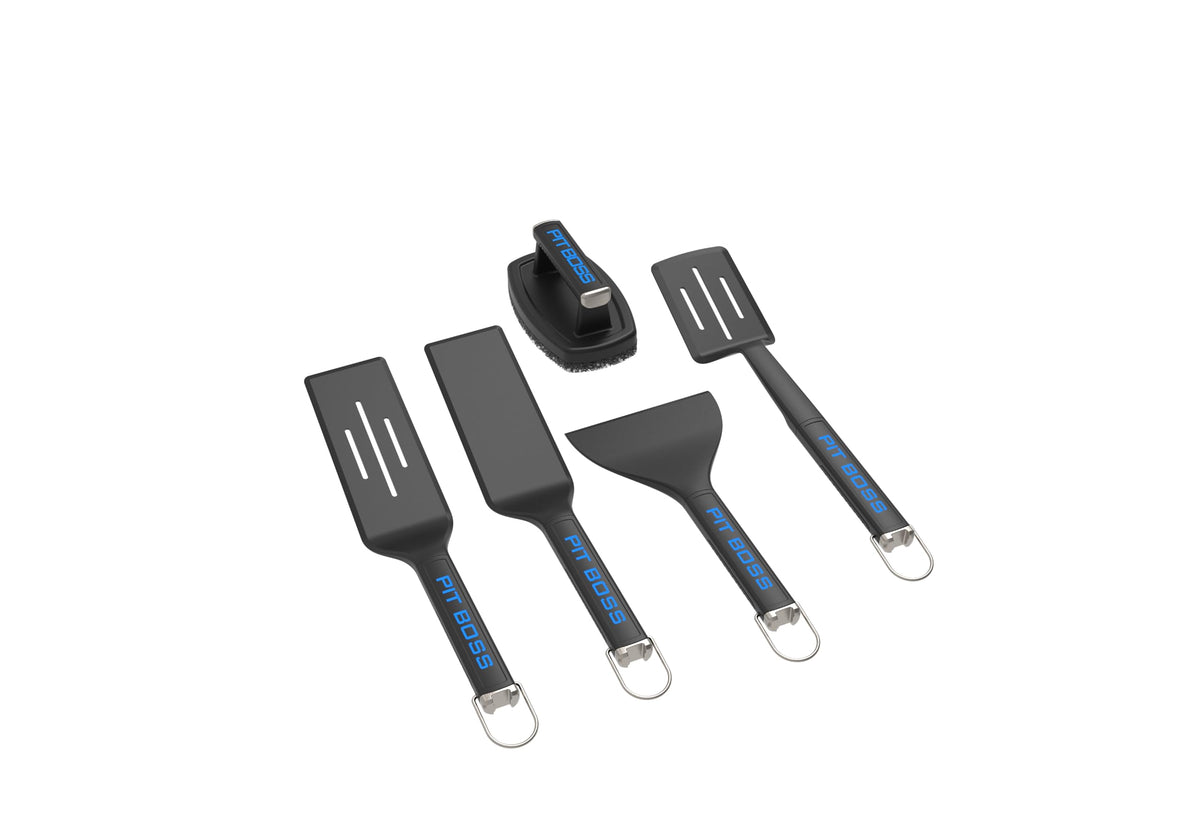 Pit Boss front view of 5-piece griddle kit showing all tools and benefits