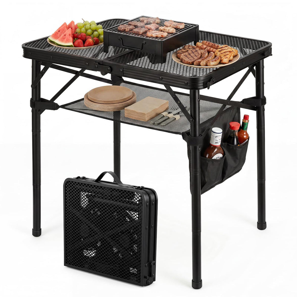 Pitare front view folded table showing compact carry handle and portability benefit