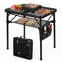 Pitare front view folded table showing compact carry handle and portability benefit