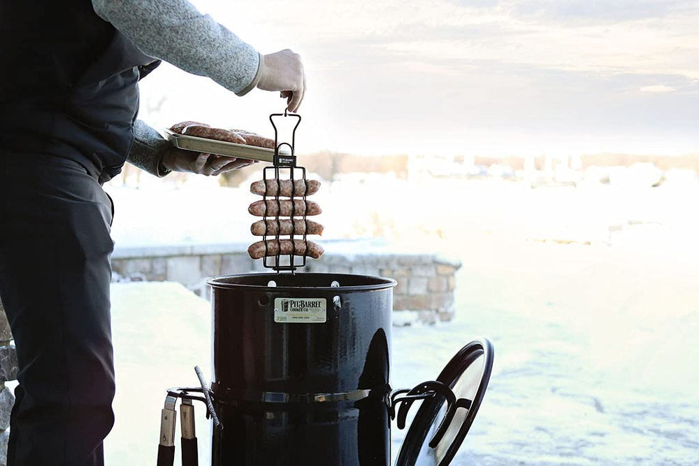 Pit Barrel Cooker Co. basket hanger with vegetables improving smoke absorption