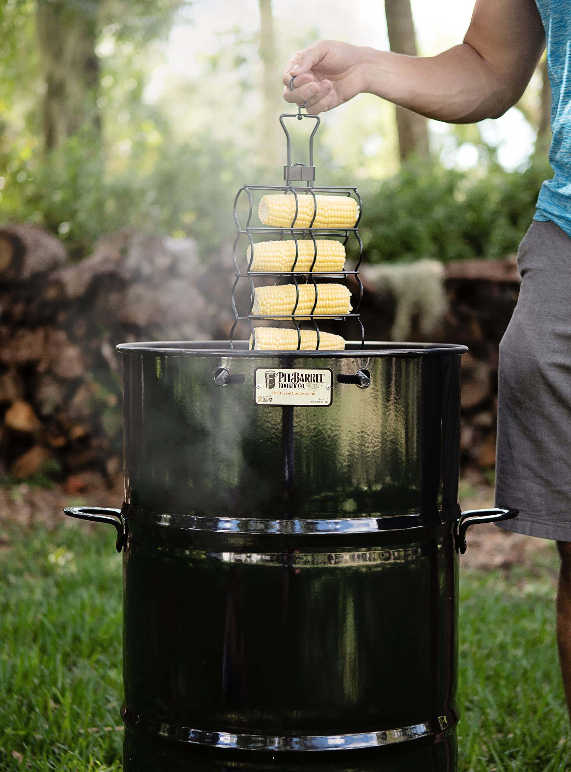 Pit Barrel Cooker Co. brat hanger cooking links to free up grate space