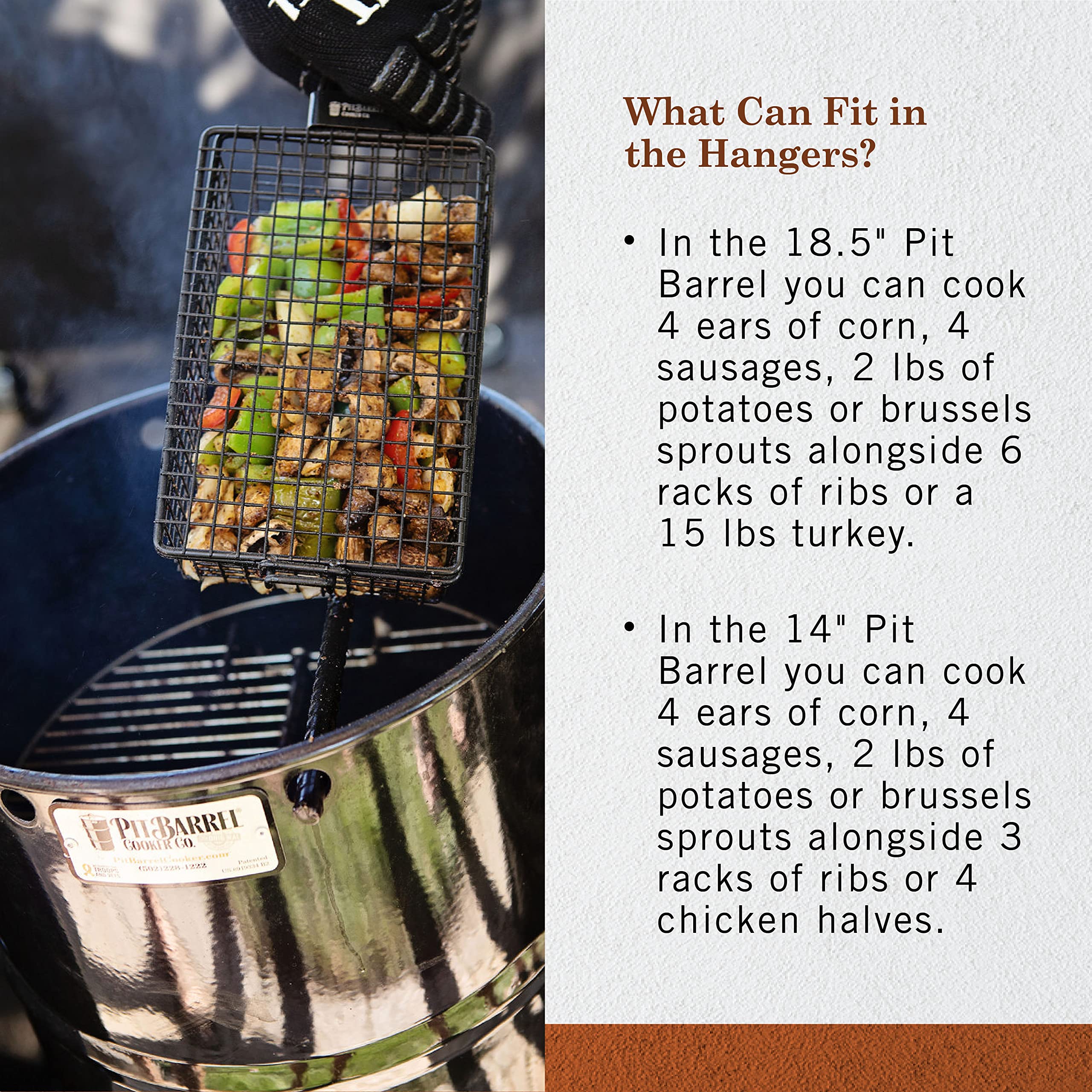 Pit Barrel Cooker Co. brat hanger detail holding sausages for even cooking