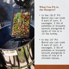 Pit Barrel Cooker Co. brat hanger detail holding sausages for even cooking