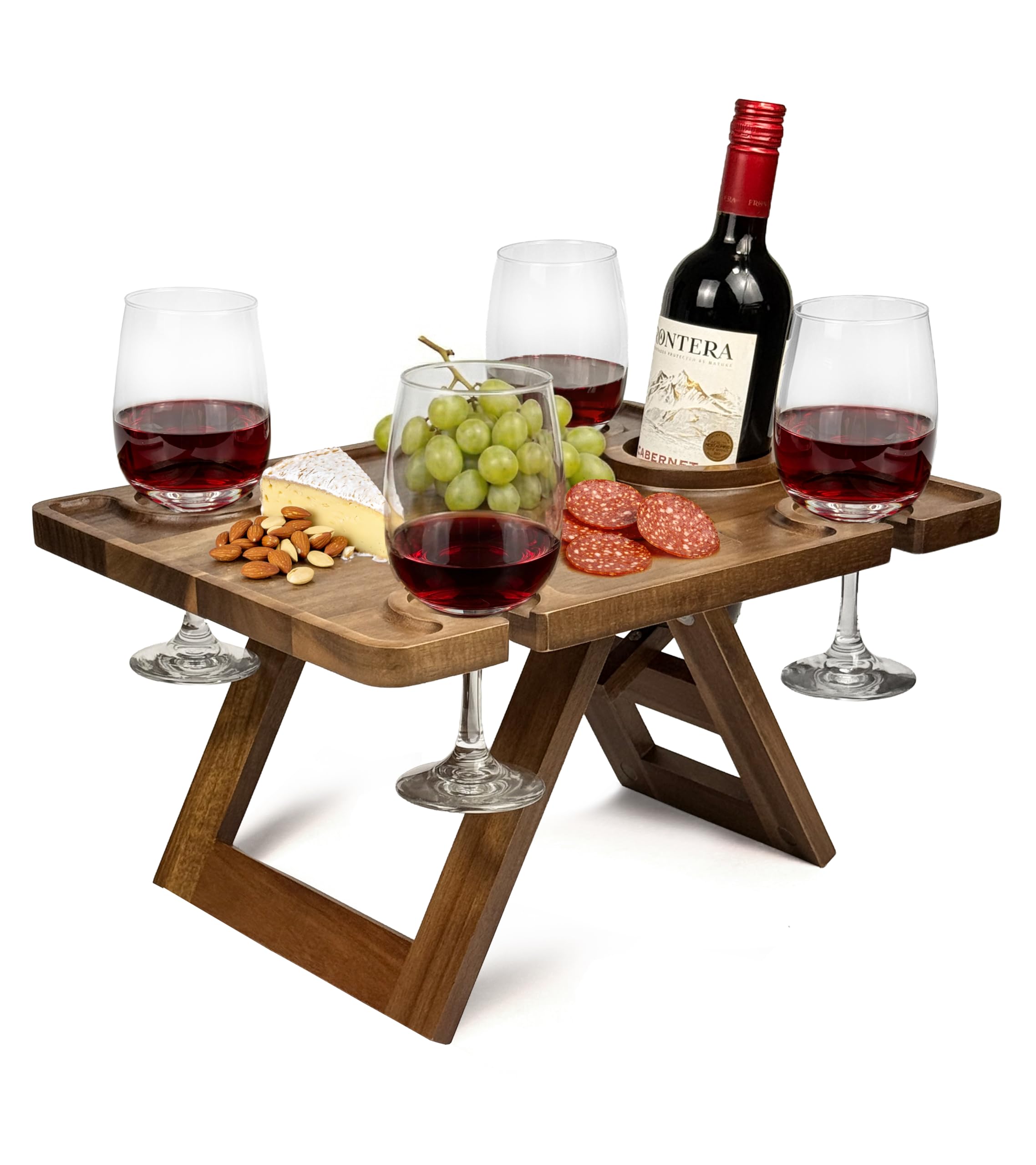 Piticco front view of acacia wine picnic table showing elegant finish and portability