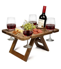 Piticco front view of acacia wine picnic table showing elegant finish and portability