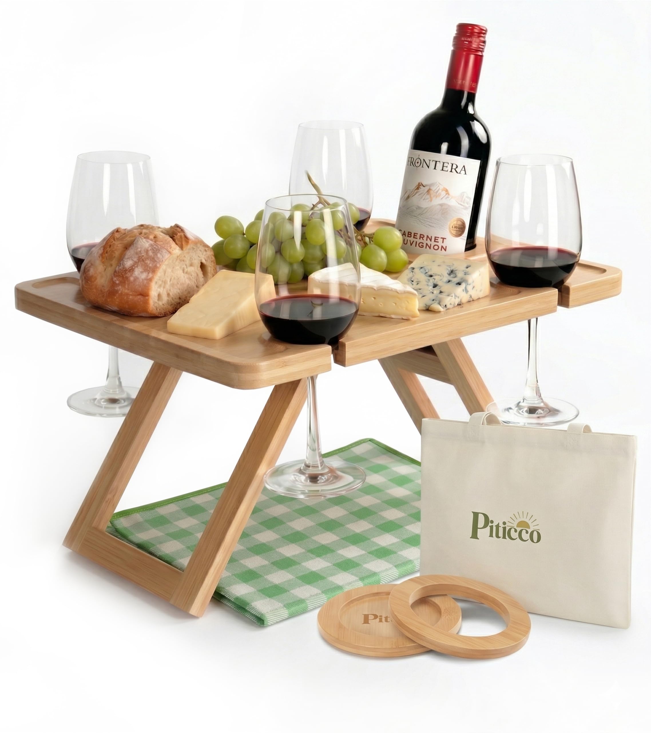 Piticco front view of portable wine picnic table with tote for easy transport