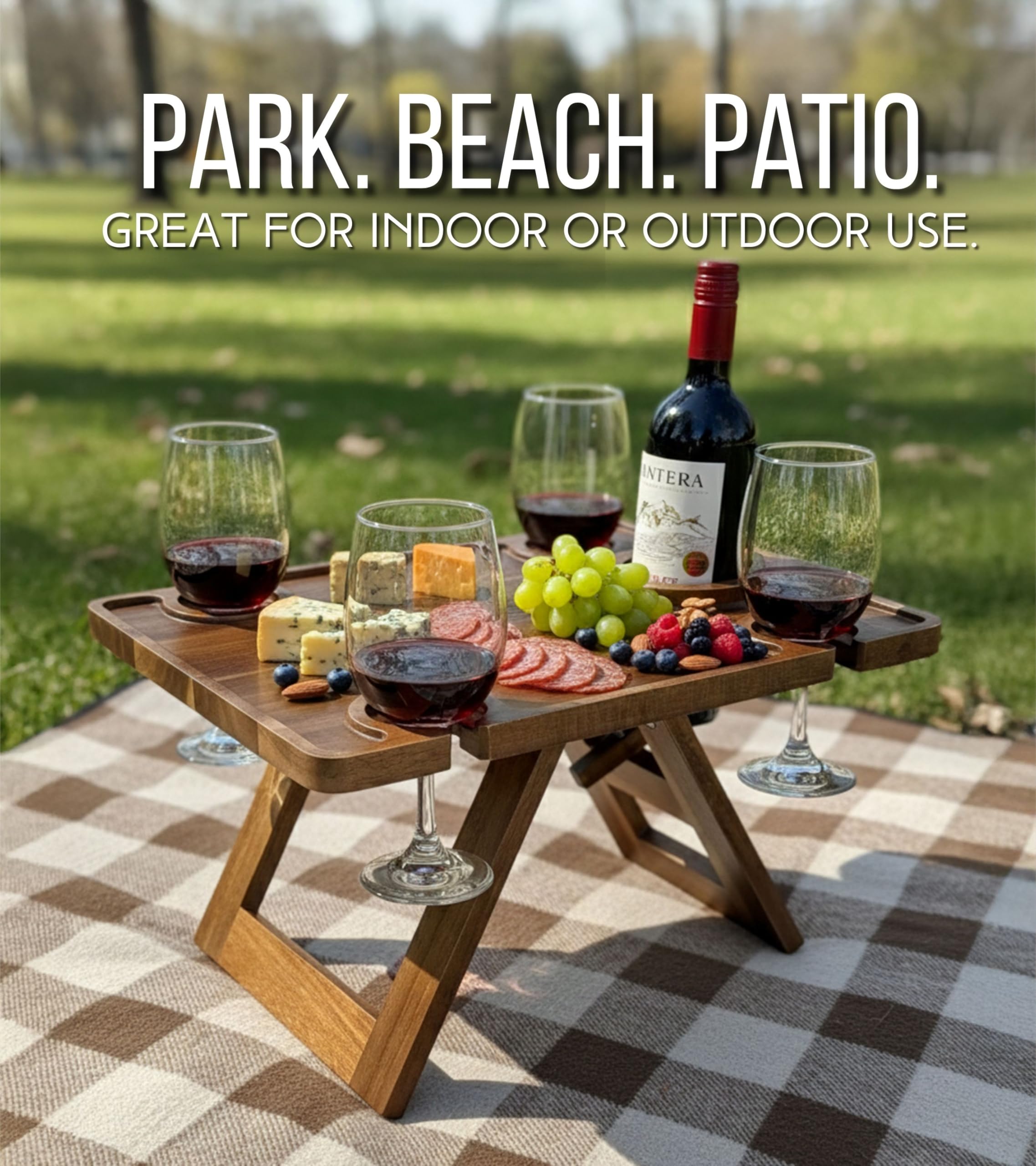 Piticco top view with charcuterie and glasses illustrating organized serving surface