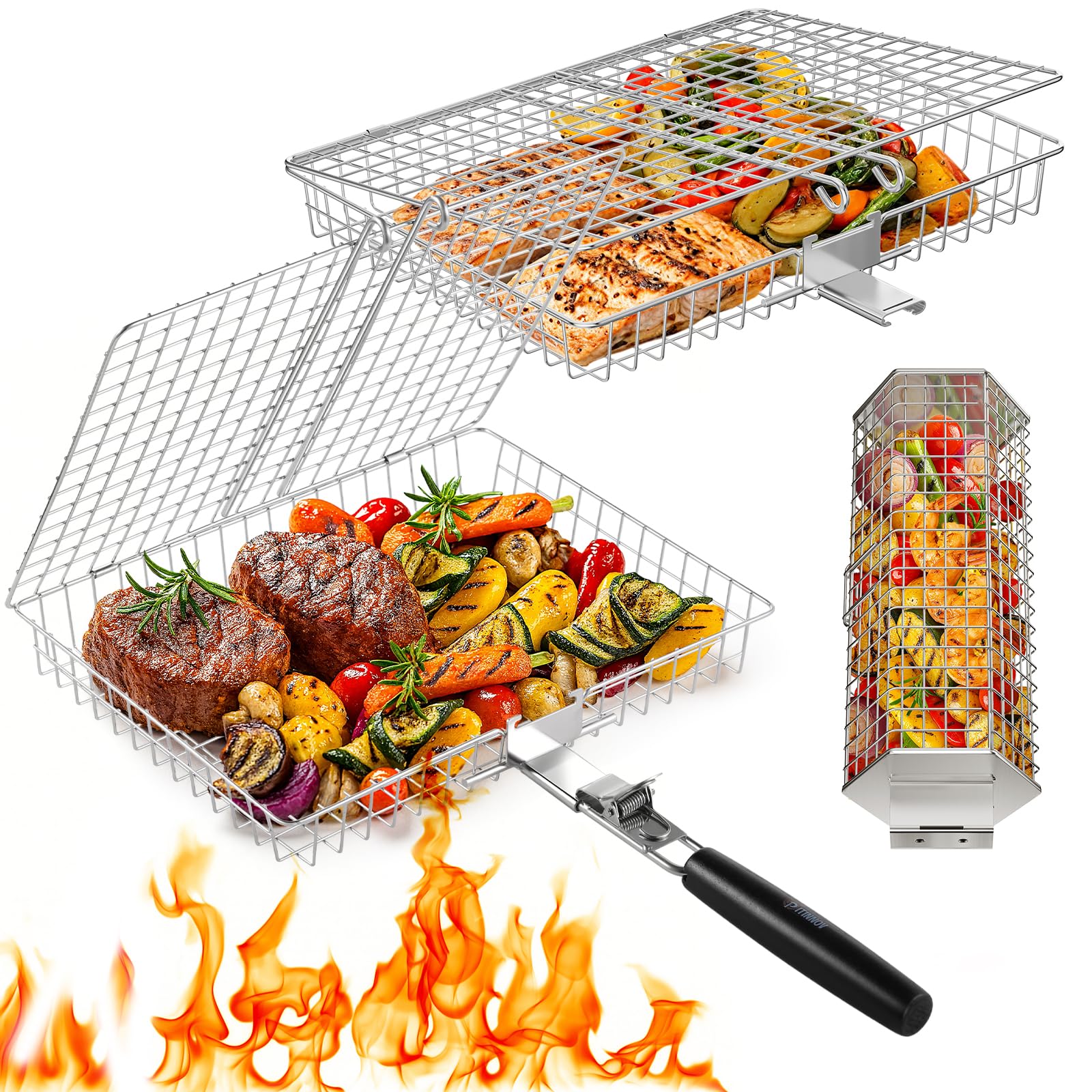 PitInnov front view of three grill baskets showing complete set and packaging benefit