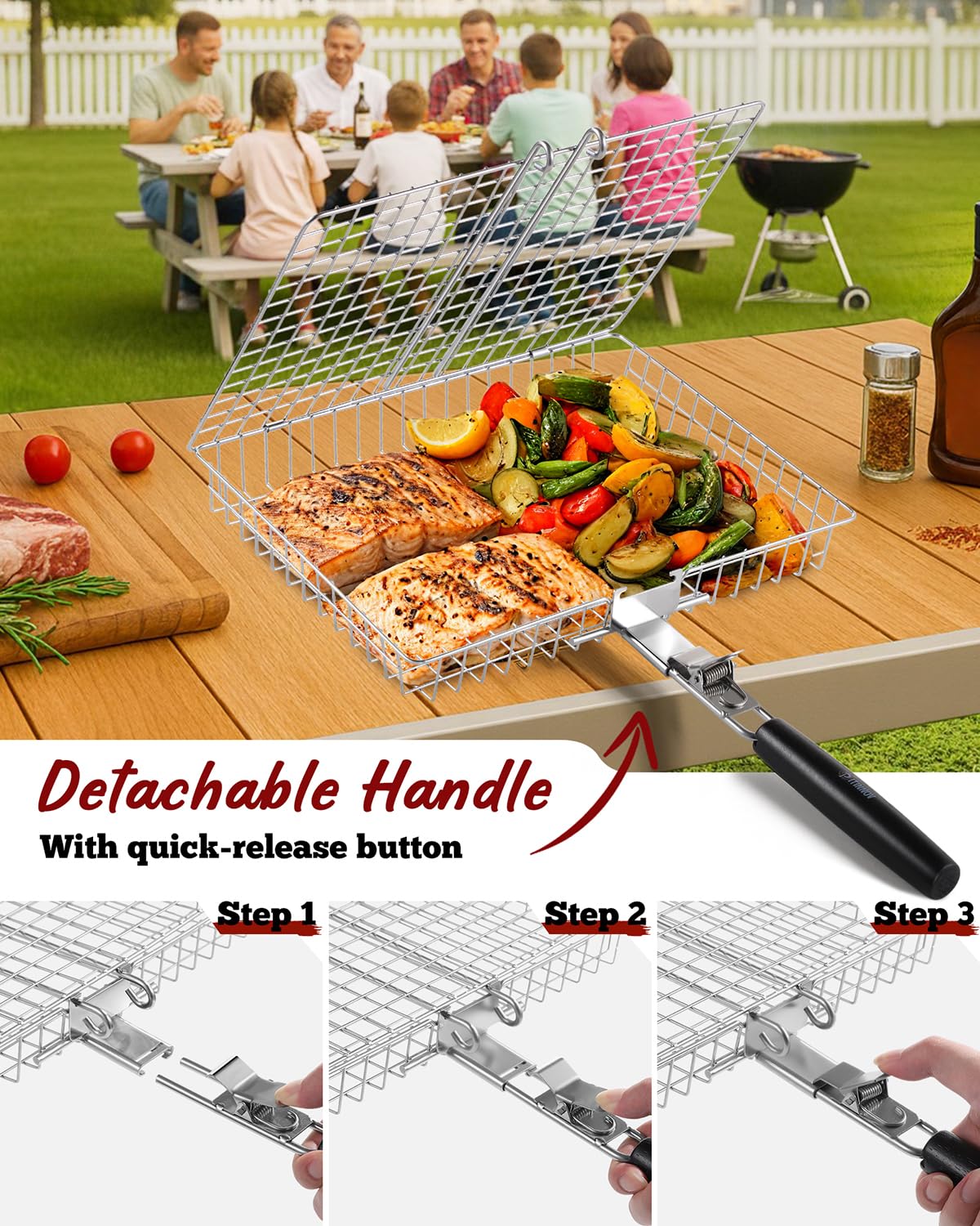 PitInnov seared fish in rectangular basket showing even cooking and easy serving benefit