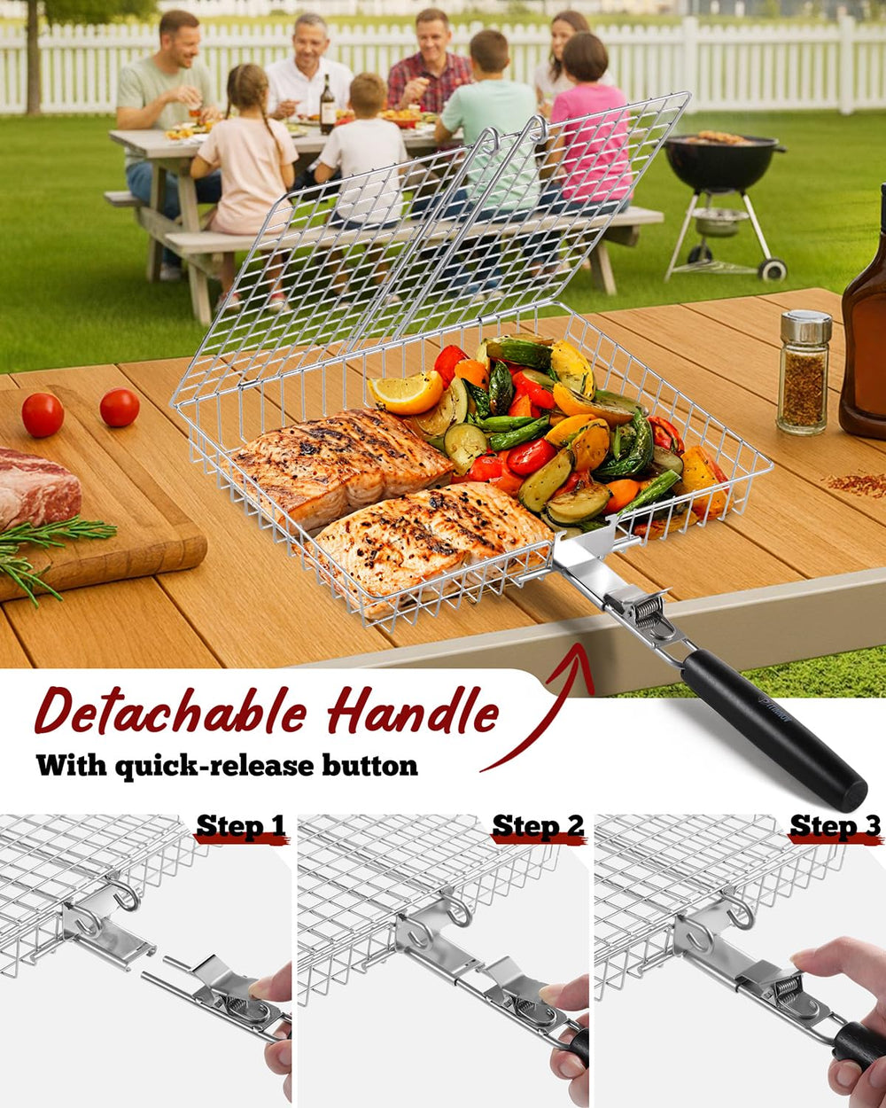 PitInnov seared fish in rectangular basket showing even cooking and easy serving benefit