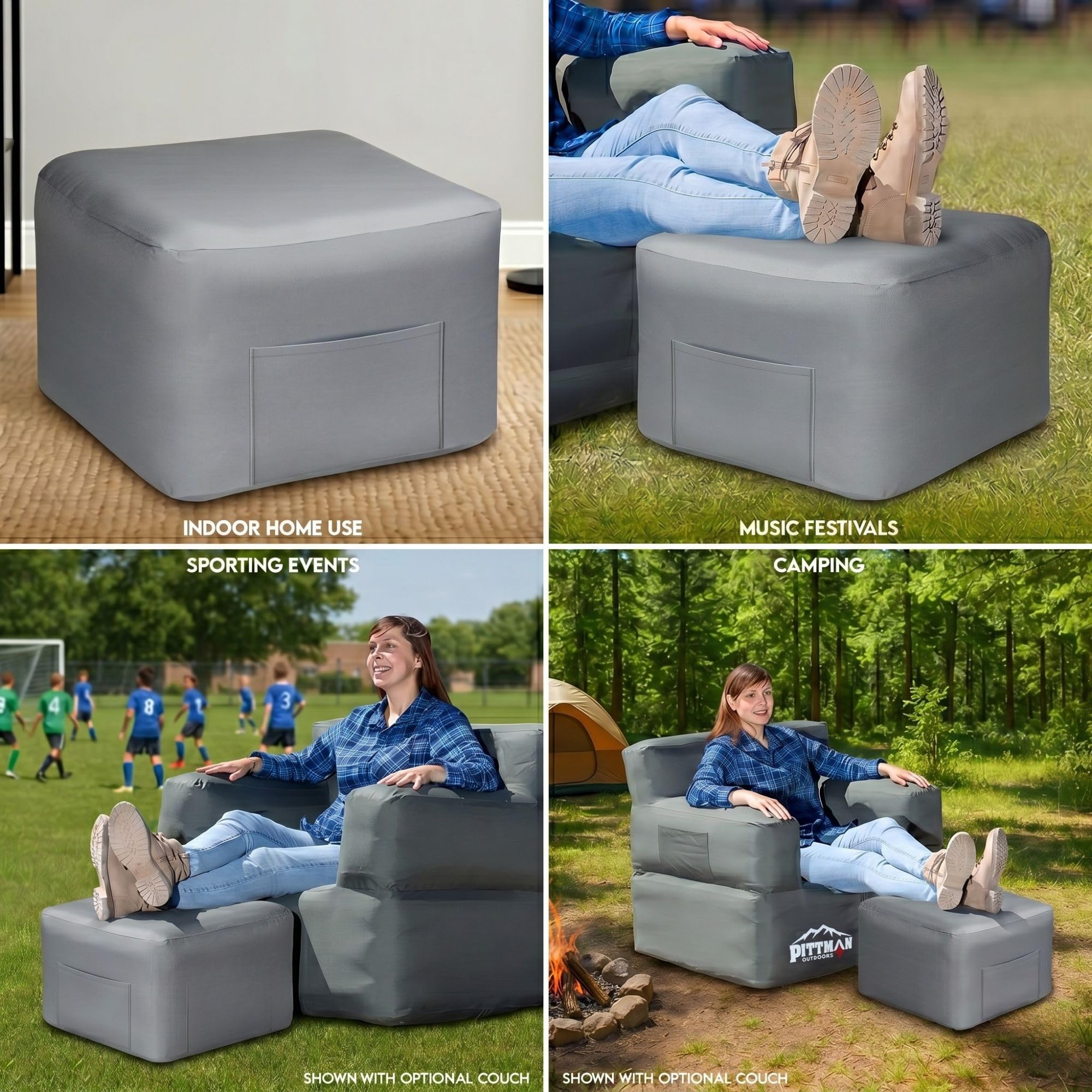 Pittman ottoman beside backpack showing compact packed size and travel readiness