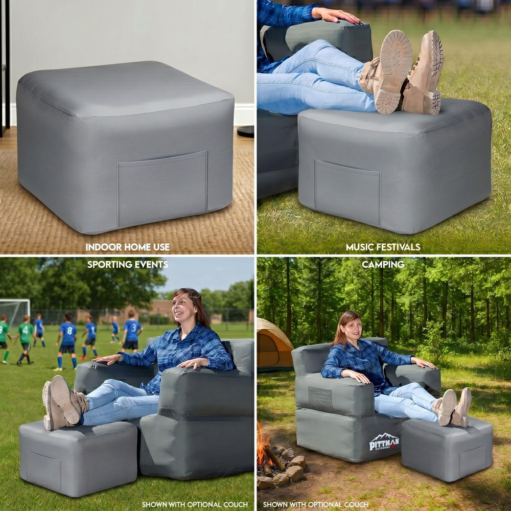 Pittman ottoman beside backpack showing compact packed size and travel readiness