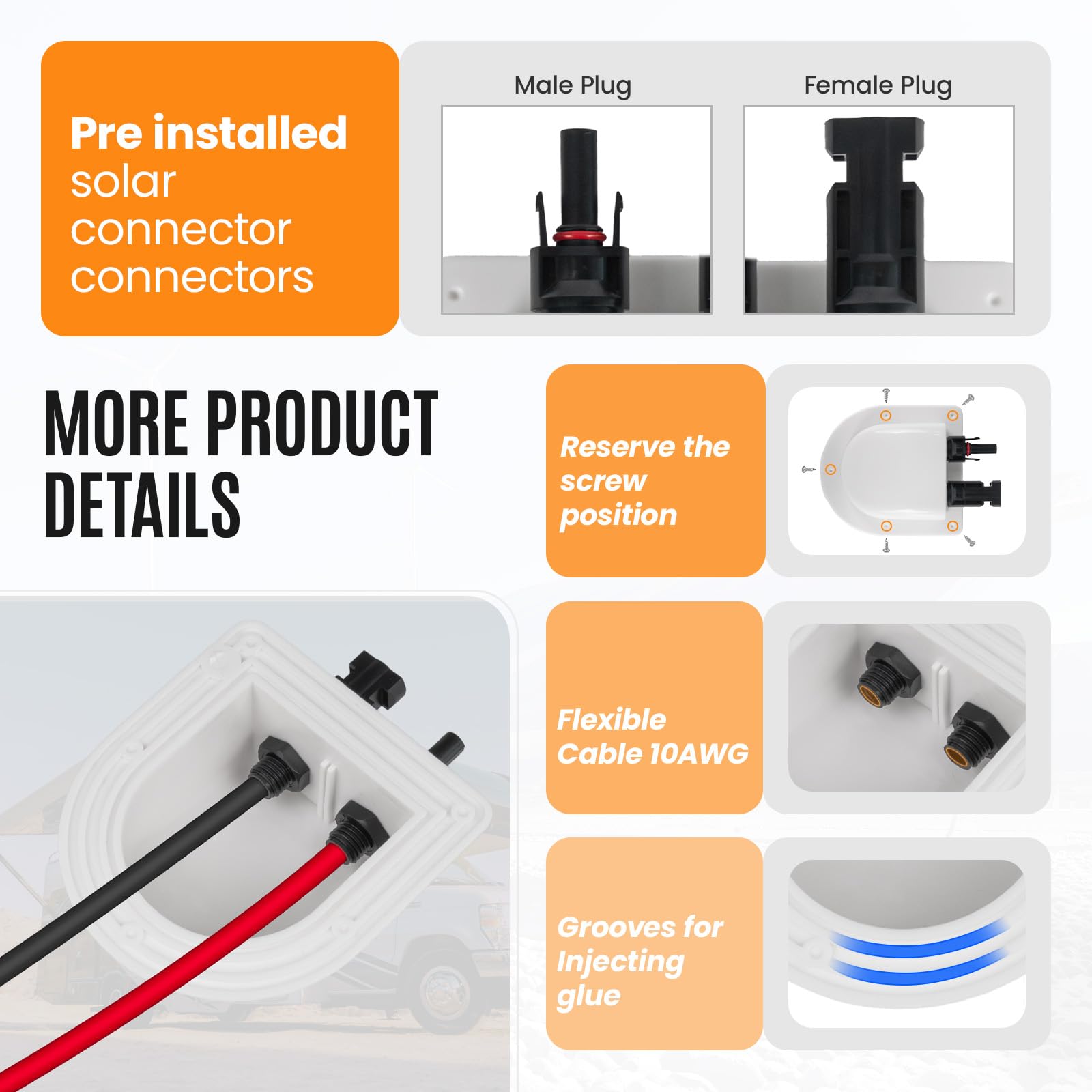 Pjerjzn solar connector ends and 10AWG cables showing secure, low-loss connections