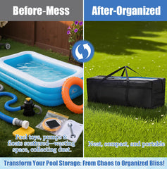 PJT bag filled with folded inflatable pool demonstrating large 142-gallon capacity