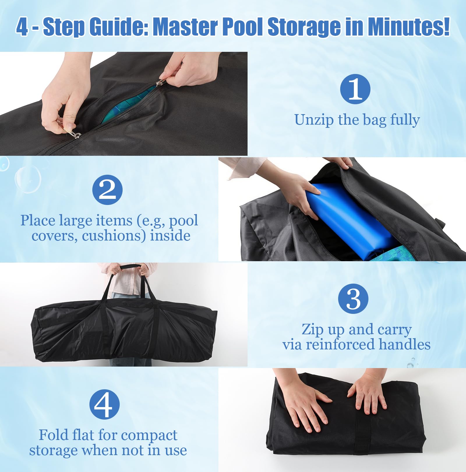 PJT bag beside garage shelf to show size and storage footprint