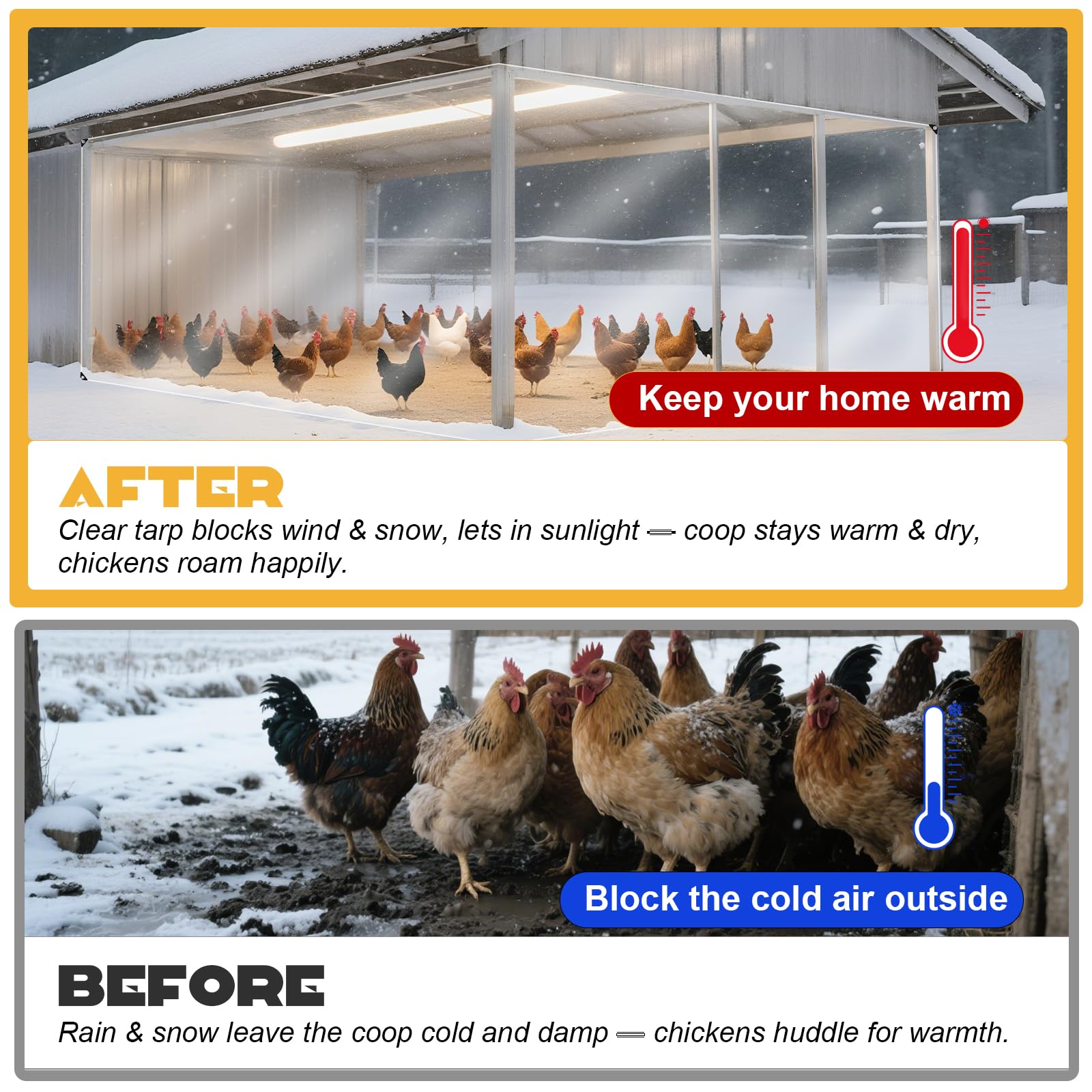 PJT tarp installed on chicken run demonstrating weather shielding benefit