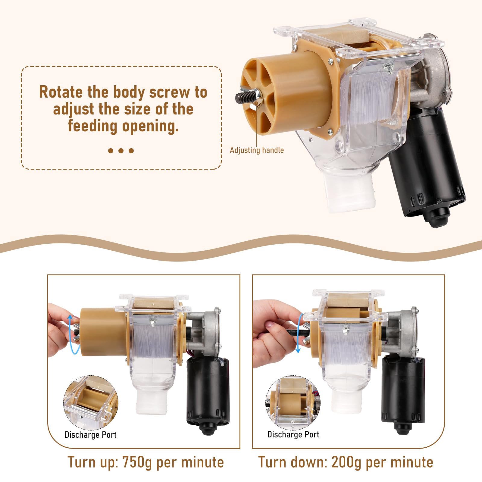 PKNYBZH hopper interior showing grain flow path and adjustable outlet for portion control