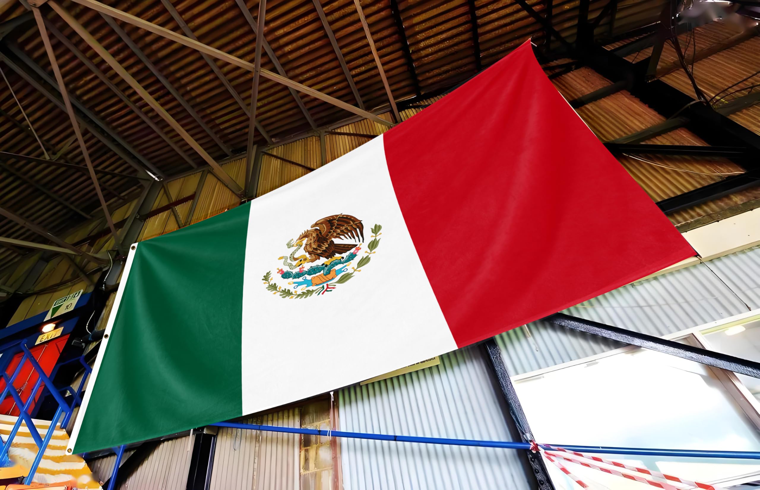 PLAIEI flag beside person showing size comparison benefit: accurate scale and impact