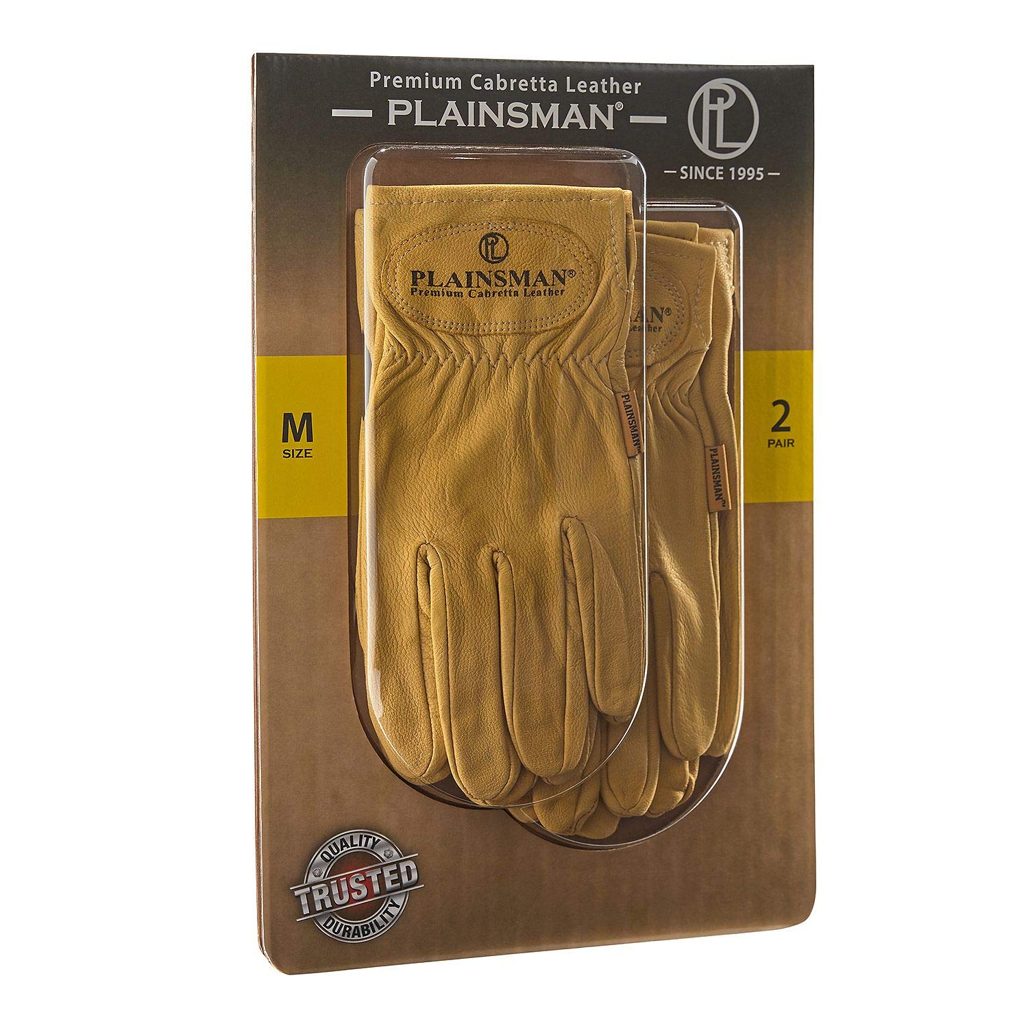 Plainsman gloves front packaging showing two medium pairs and durable leather benefit