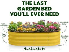 Plant & Plot bed beside gardening tools showing scale and easy backyard placement