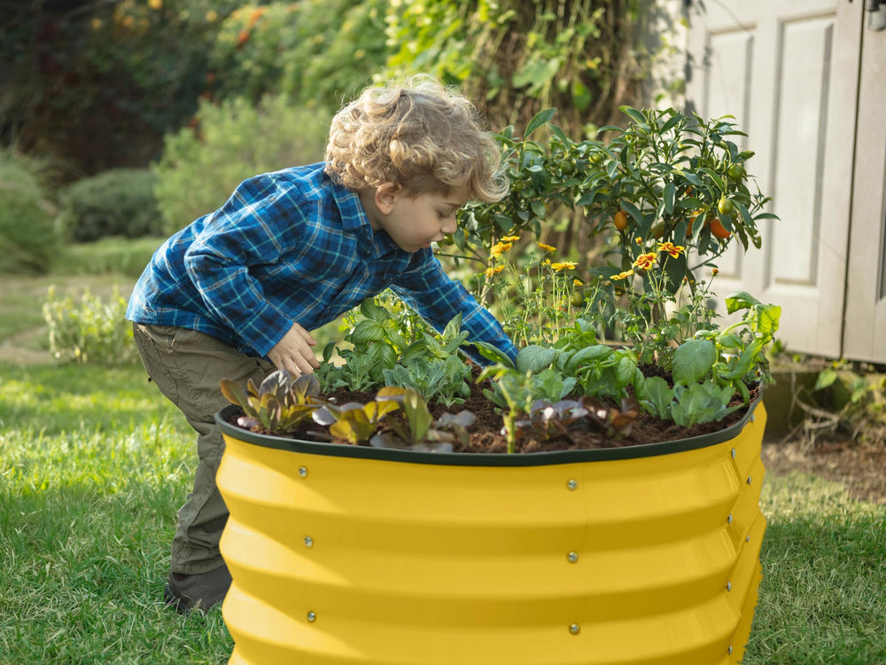 Plant & Plot yellow raised bed on patio showing aesthetic appeal and small-space gardening