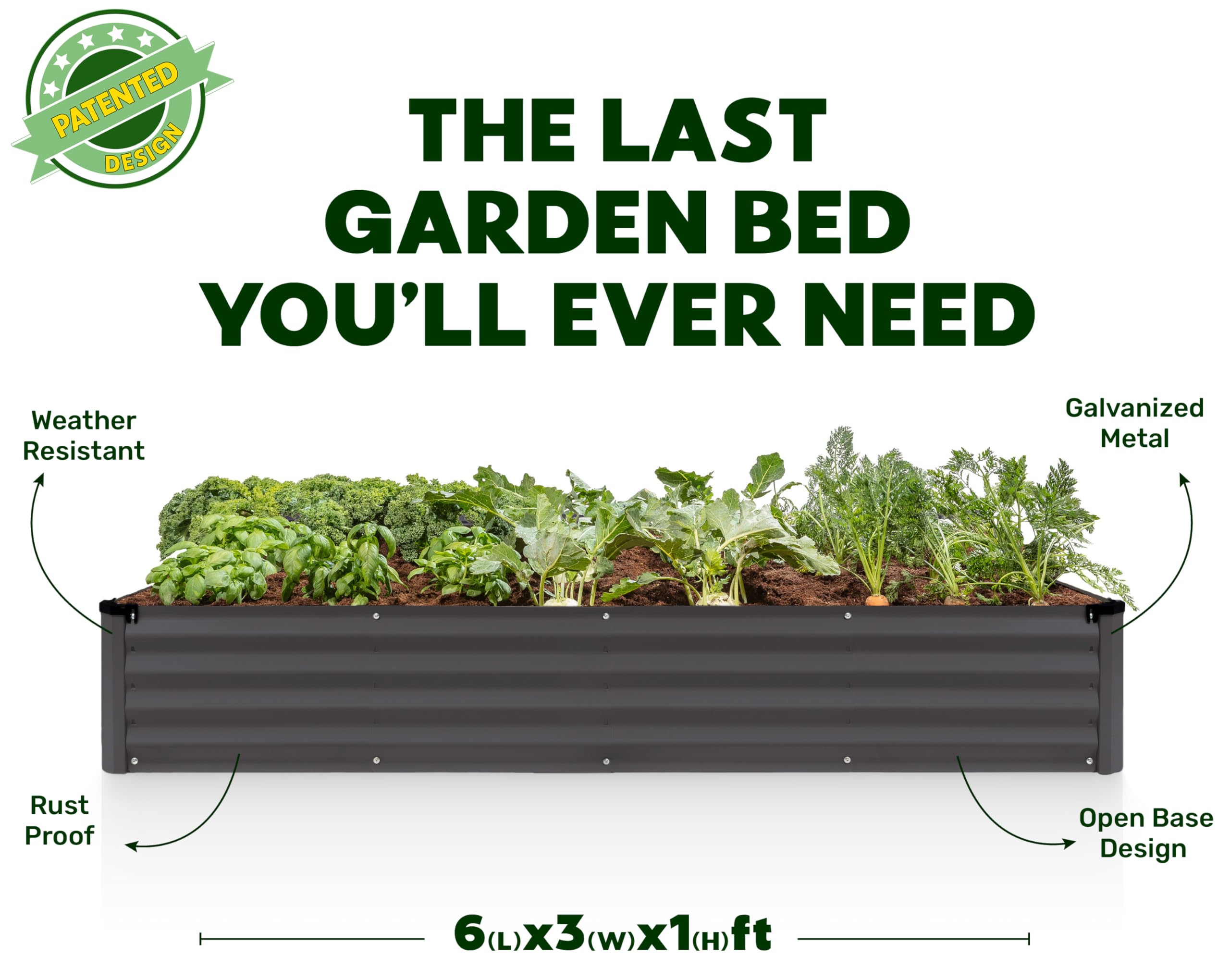Plant & Plot raised bed beside ruler and trowel showing scale and 6x3x1 ft dimensions for planning