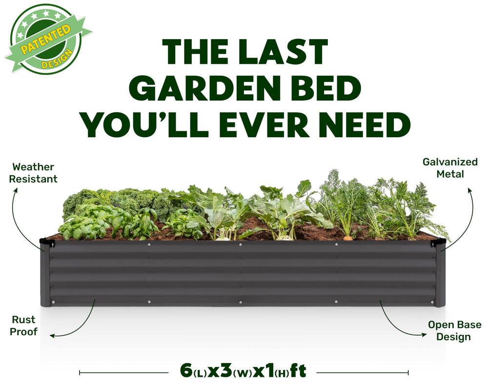 Plant & Plot raised bed beside ruler and trowel showing scale and 6x3x1 ft dimensions for planning