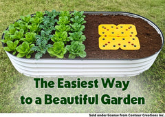 Plant & Plot template pressed into raised bed soil demonstrating uniform hole layout