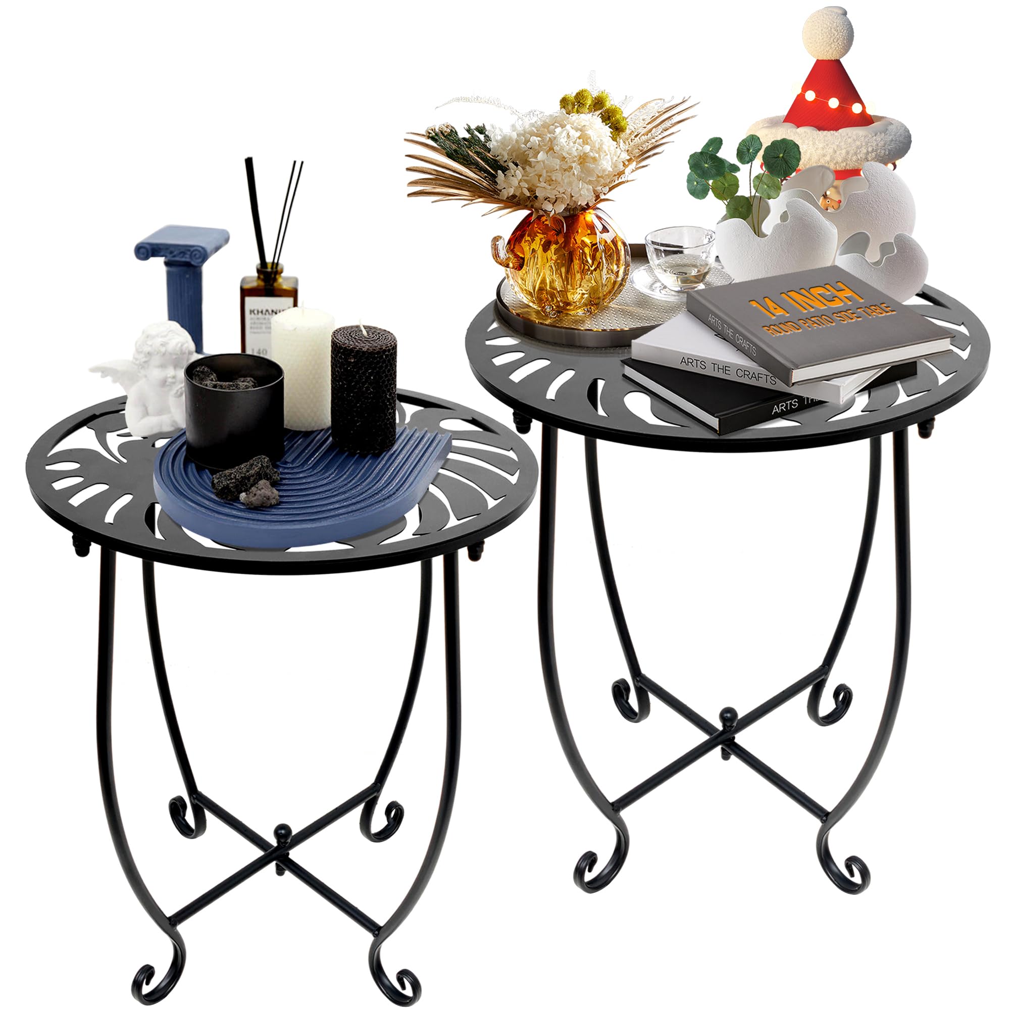 Plant Castle front view of two outdoor metal side tables showing compact design and balance