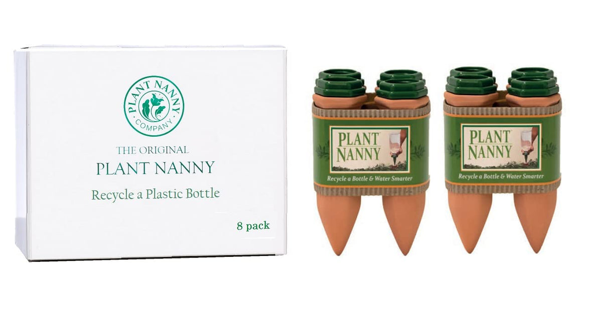 Plant Nanny stake with bottle installed showing steady root hydration