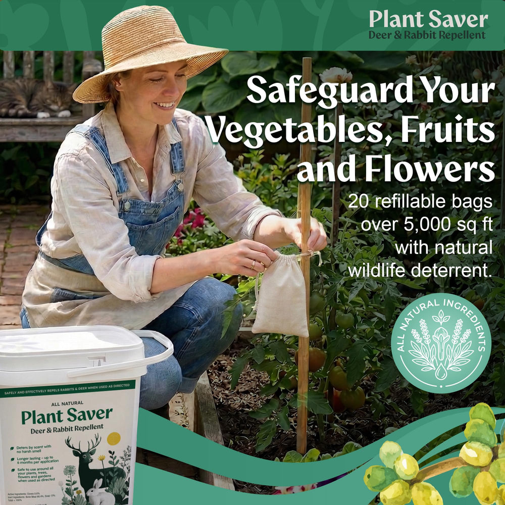 Plant Saver hanging bag placed on fence protecting garden beds