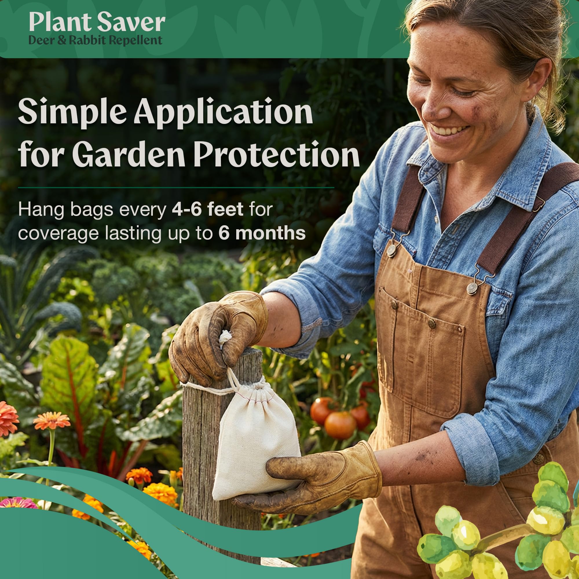 Plant Saver hanging bags installed along fence providing long-lasting wildlife deterrent