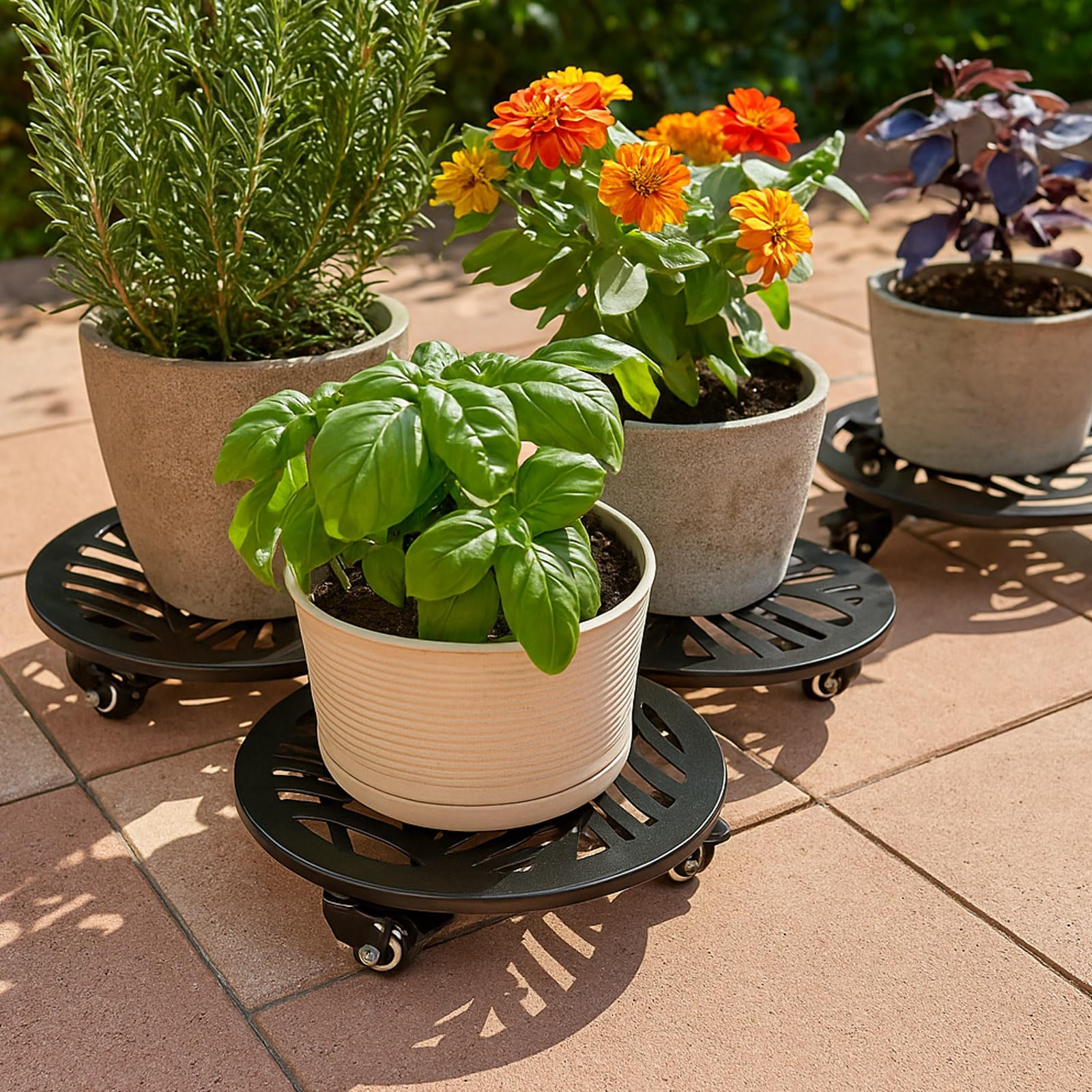 Planterhoma black caddy with large ceramic planter demonstrating heavy-duty use